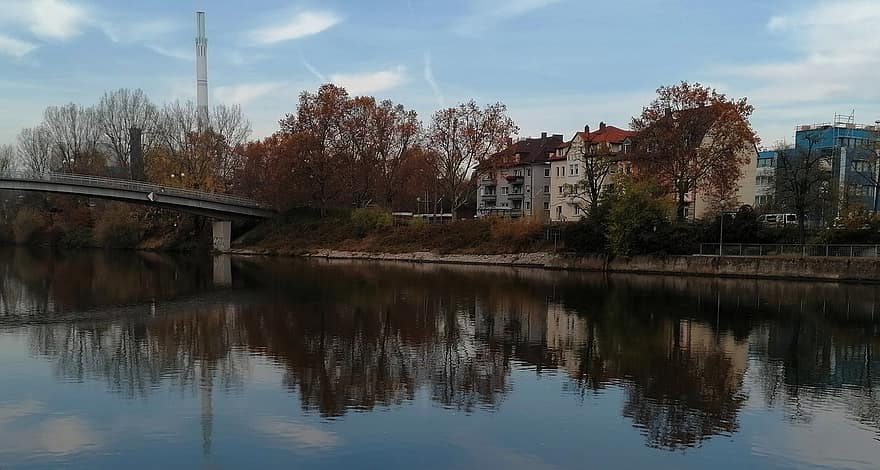 River, Bridge, Houses, Buildings, Trees, Neckar, Cycling Path, Village, architecture, water, reflection