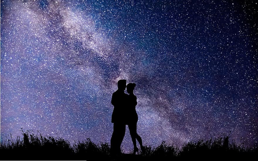 ουρανός, αστέρια, σύμπαν, Νύχτα, χώρος, γαλαξίας, αστρονομία, σιλουέτα, ζευγάρι, ρομαντισμός