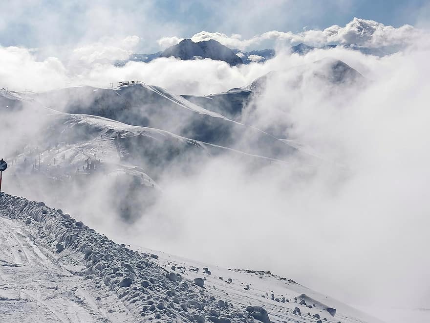 βουνά, χειμώνας, εποχή, φύση, σε εξωτερικό χώρο, ομίχλη, σύννεφα, χιόνι, σκι, συννεφιασμένος, βουνό