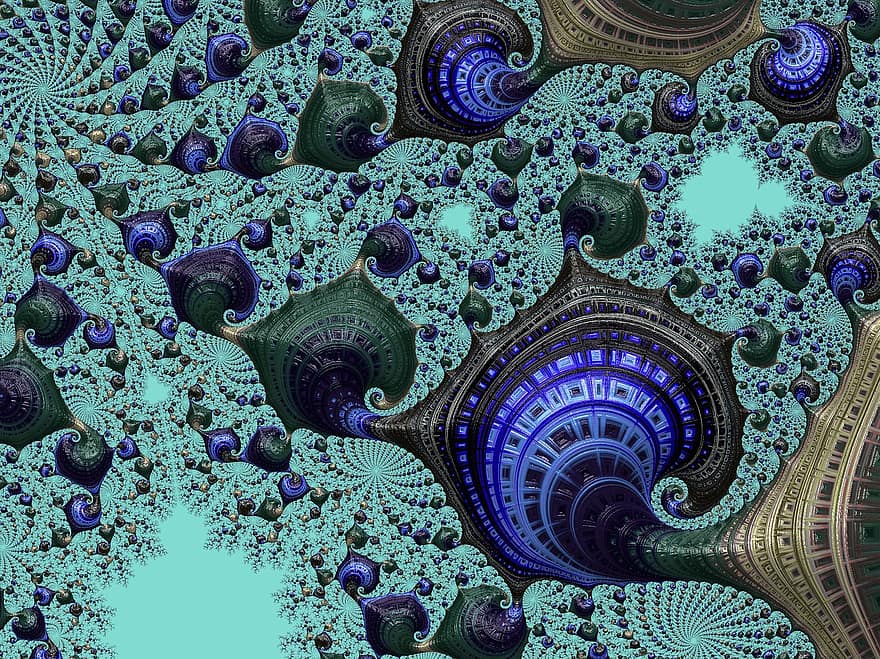 fraktal, kalejdoskop, Mandelbröd, matematik, spiral-, abstrakt, turkos, hav, vatten, under vattnet