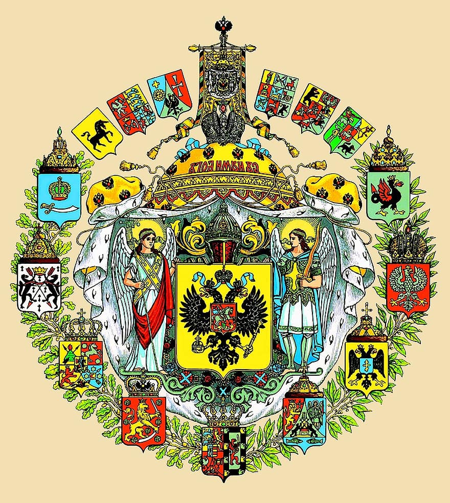 Venäjän imperiumin vaakuna, heraldiikka, Venäjä, imperiumi, kruunu, kilpi, vaippa, kaksipäinen kotka, motto, bannerit, enkelit