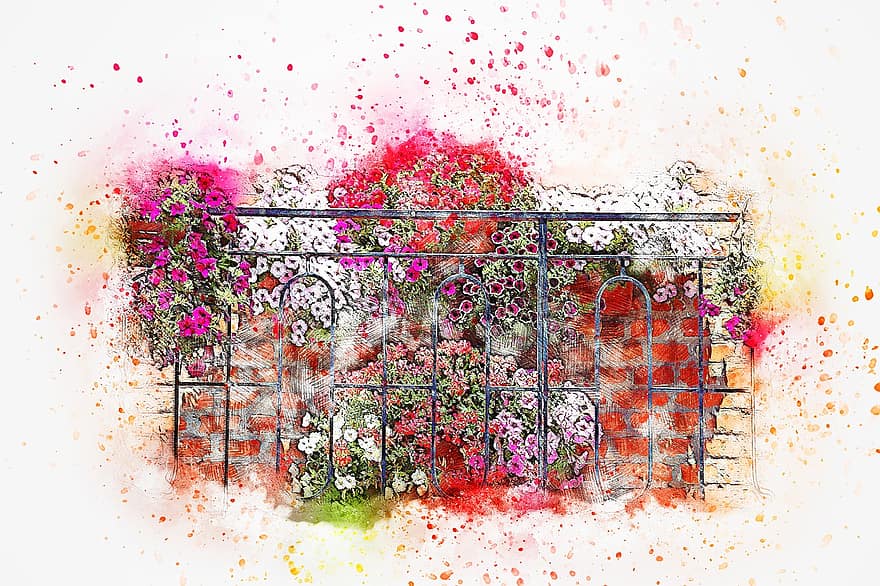 balkong, blommor, natur, konst, vattenfärg, årgång, konstnärlig, design, abstrakt, akvarell, måla splatter