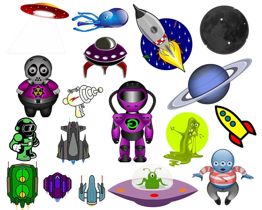 Platz, Clip Art, Aliens, Raumschiff, UFO, Mond, Rakete, Ausländer, Schlacht, Krieg, Collage