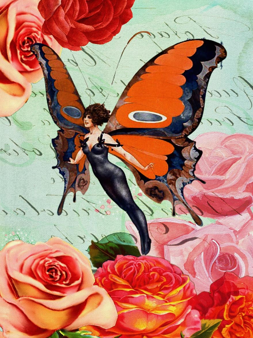 Flapper, Butterfly, Rose, Design, Pink, Green, Vintage, Retro, Female, Nostalgia, Pattern