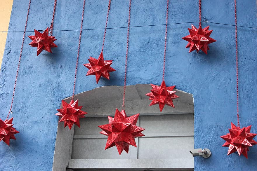 Stars, Ornaments, Lamp, Red Stars, Wall, Facade, Contrast, Colorful, Space, Design