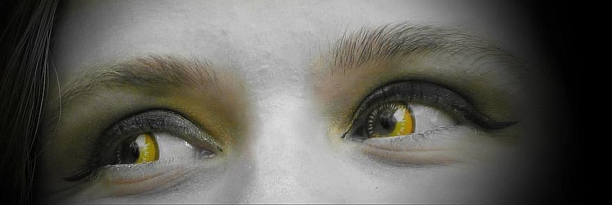 kontaktní čočky, oči, žena, žluté oči, tvář