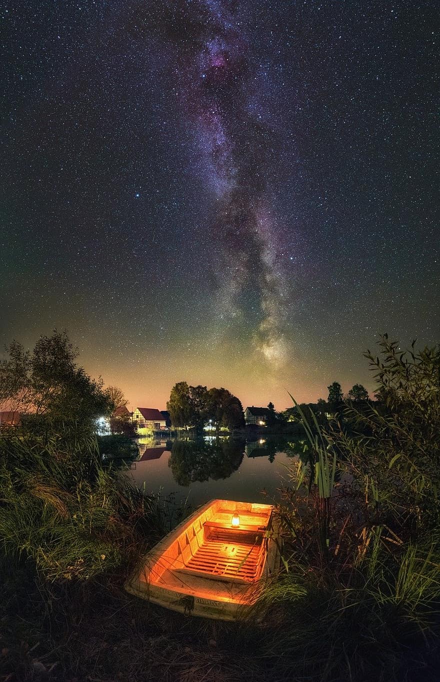 noite, lago, via Láctea