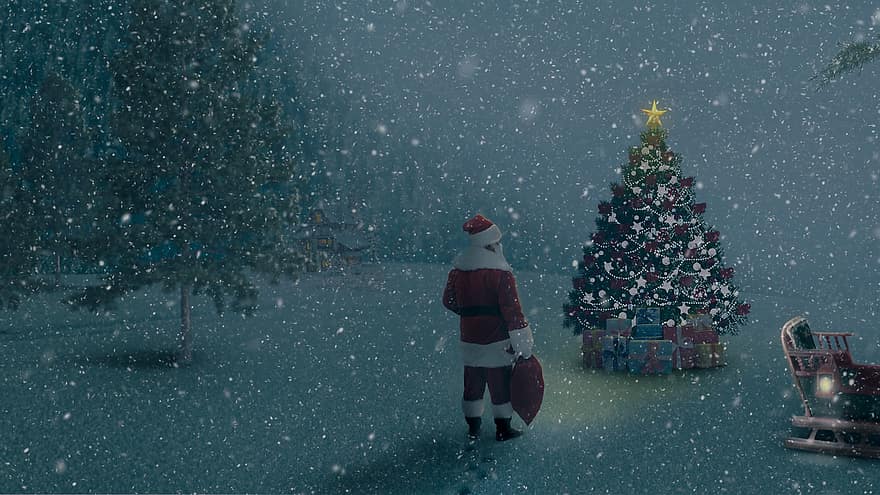 Papai Noel, Natal, neve, inverno, panorama, papel de parede