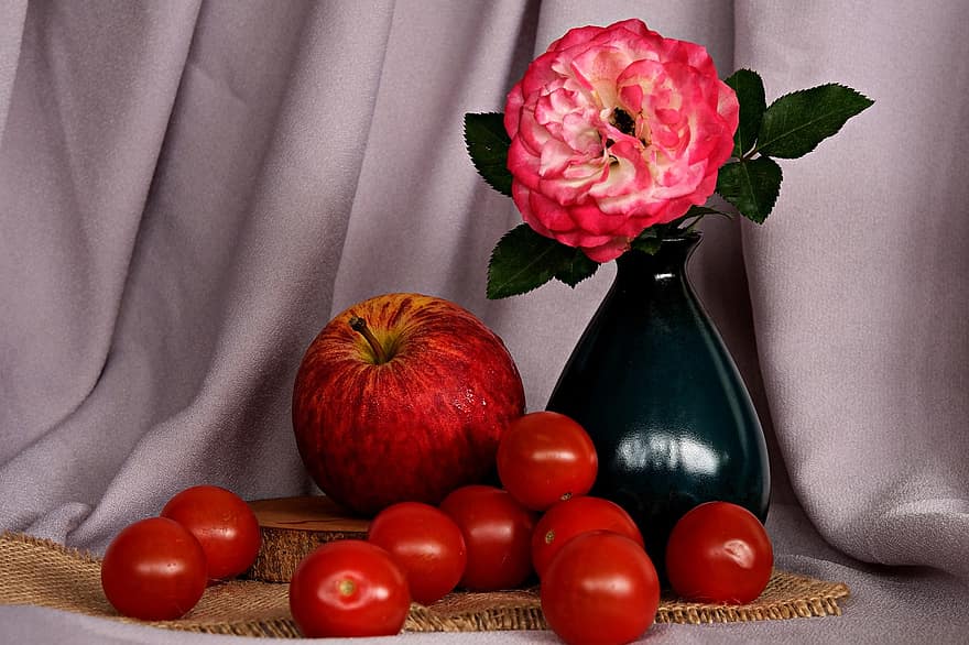 apel, tomat, mawar, bunga, alam, dekorasi