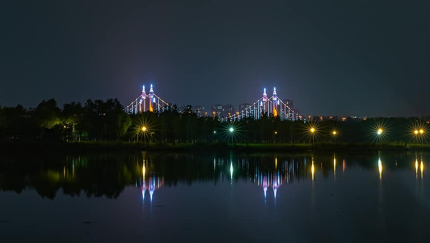 sungai, malam, Cina, jembatan, lampu, kota, refleksi, air, urban, senja, diterangi