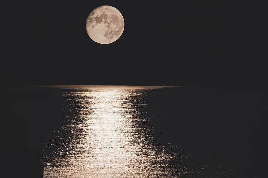 noite, lua, mar, céu, reflexão, leve
