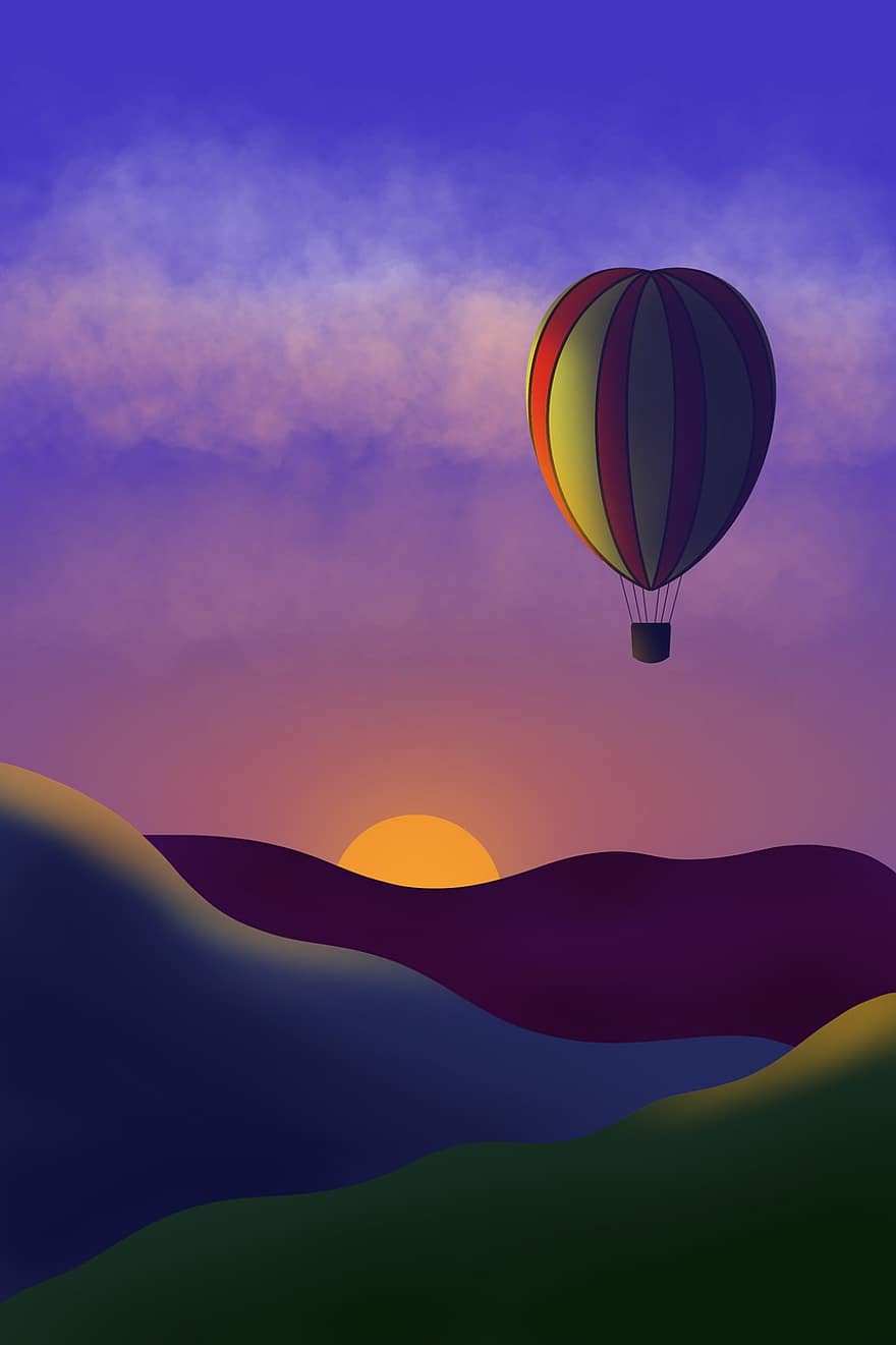 gaisa balons, kalni, saulrieta, raksturs, saullēkts, lidošana, ainavu, vasarā, ilustrācija, mākonis, debesis
