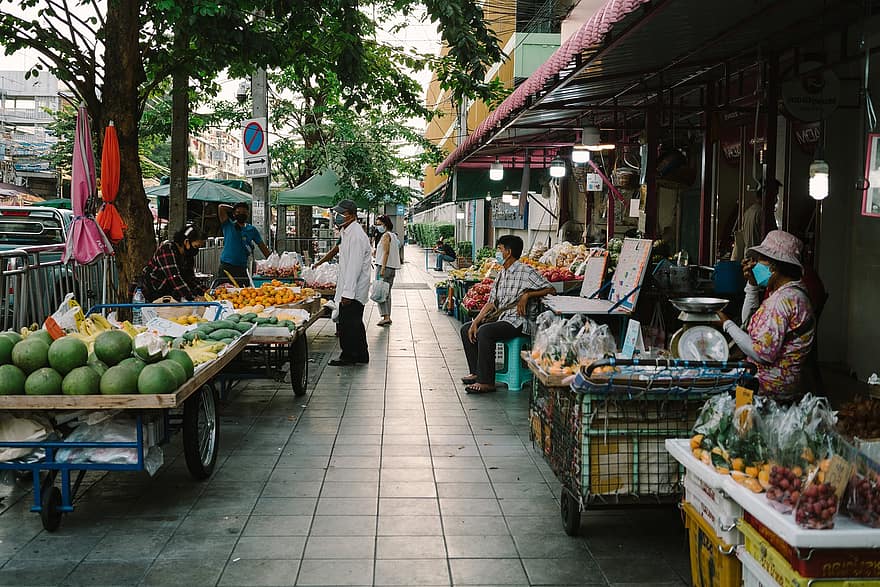 市場、フード、スーパーマーケット、ショッピング、道路、レストラン、タイ、マーケットベンダー、文化、小売、販売