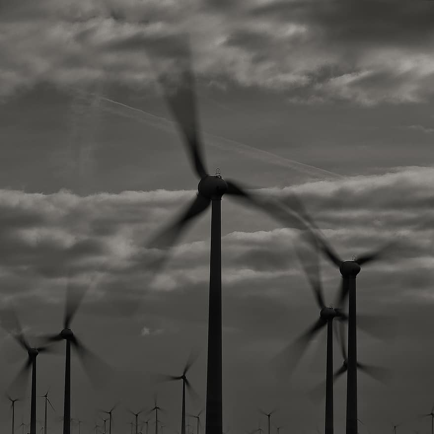 vindkraft, vindsnurror, rotorer, strimmor, svartvit, vindturbin, bränsle och kraftproduktion, generator, elektricitet, vind, alternativ energi