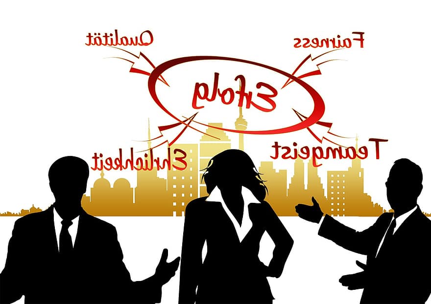 Business World, Mission Statement, Market Economy, Profile, Businessmen, Man, Woman, Silhouettes, Big City, Gold, Skyscrapers