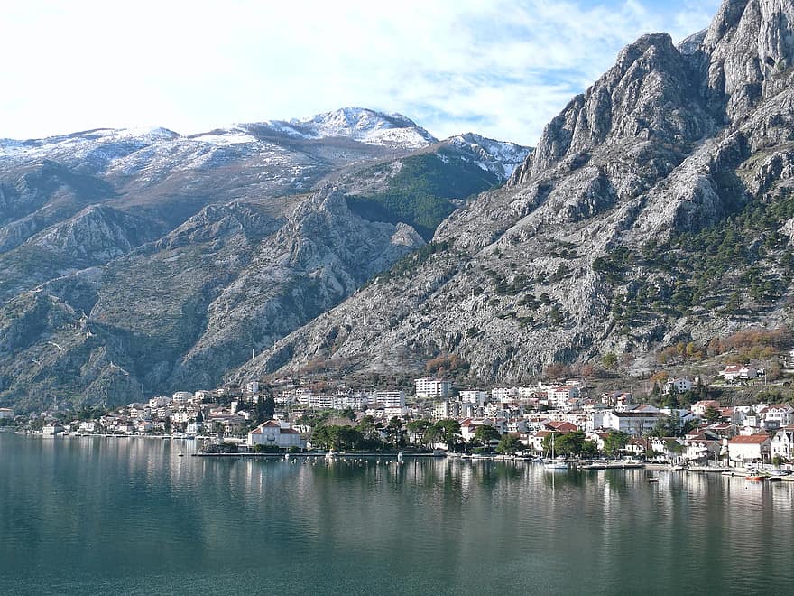 Montenegró, öböl, hegyek, Balkán, tájkép, sziget, hegy, víz, utazás, nyári, tengerpart