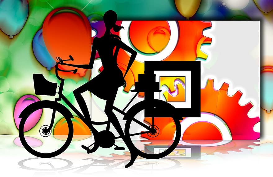 mulher, silhueta, bicicleta, engrenagens, cidade, fundo, balão, esperar