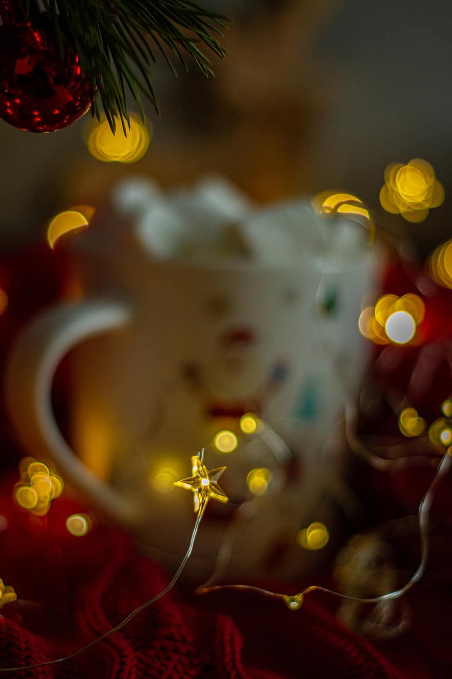 kubek, oświetlenie świąteczne, pianka, jedzenie, drink, napój, Boże Narodzenie, bombka, gwiazda, cacko, Puchar
