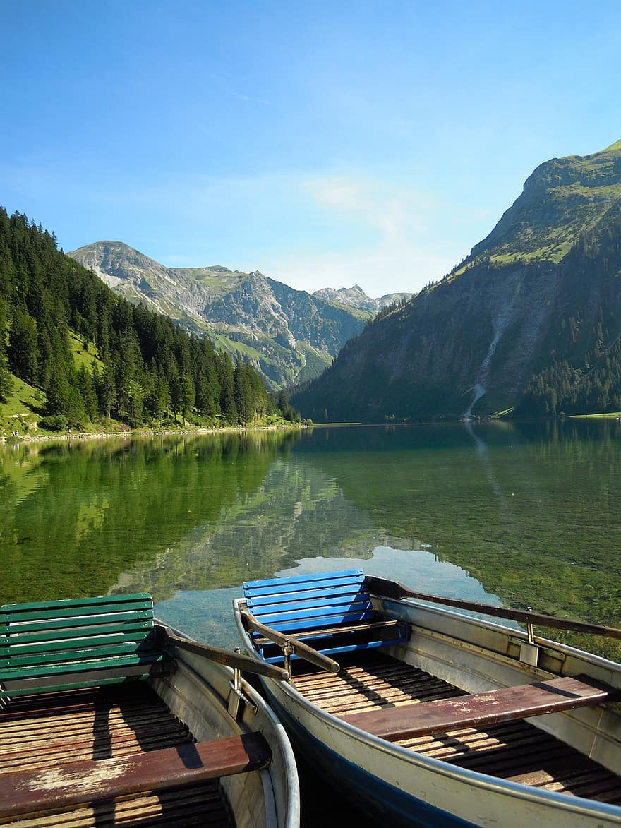 tó, hajó, hegyek, természet, víz, Vilsalpsee, Ausztria