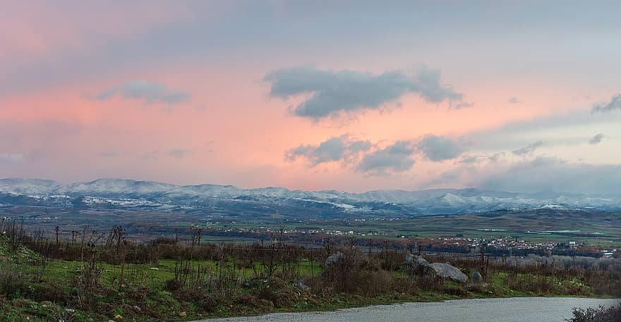 vuoret, Kastoria, Kreikka, syksy, talvi-, aamu, ala, maaseutu, auringonlasku, iltahämärä, hämärä