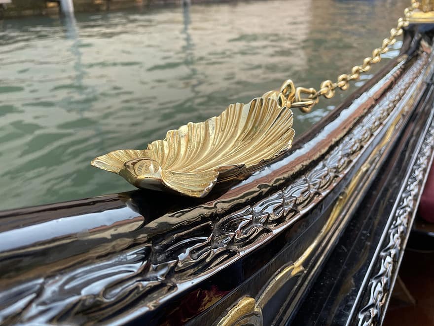 gondol, båt, dekorativ, detaljer, gyllene, skal, Glänsande trä, Venedig