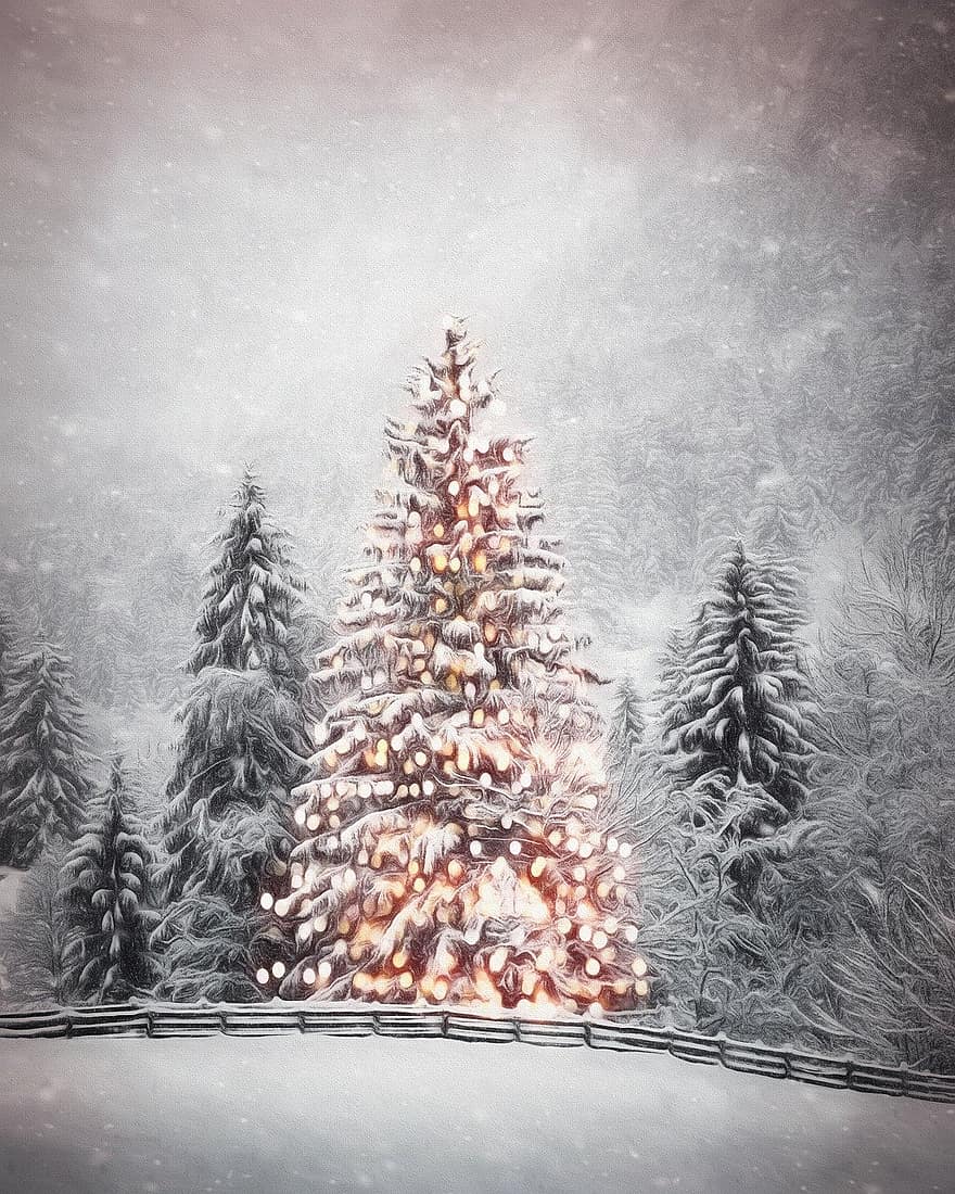 téli, Karácsony, karácsonyfa, hó, fa, évszak, hópehely, ünneplés, erdő, háttérrel, dekoráció