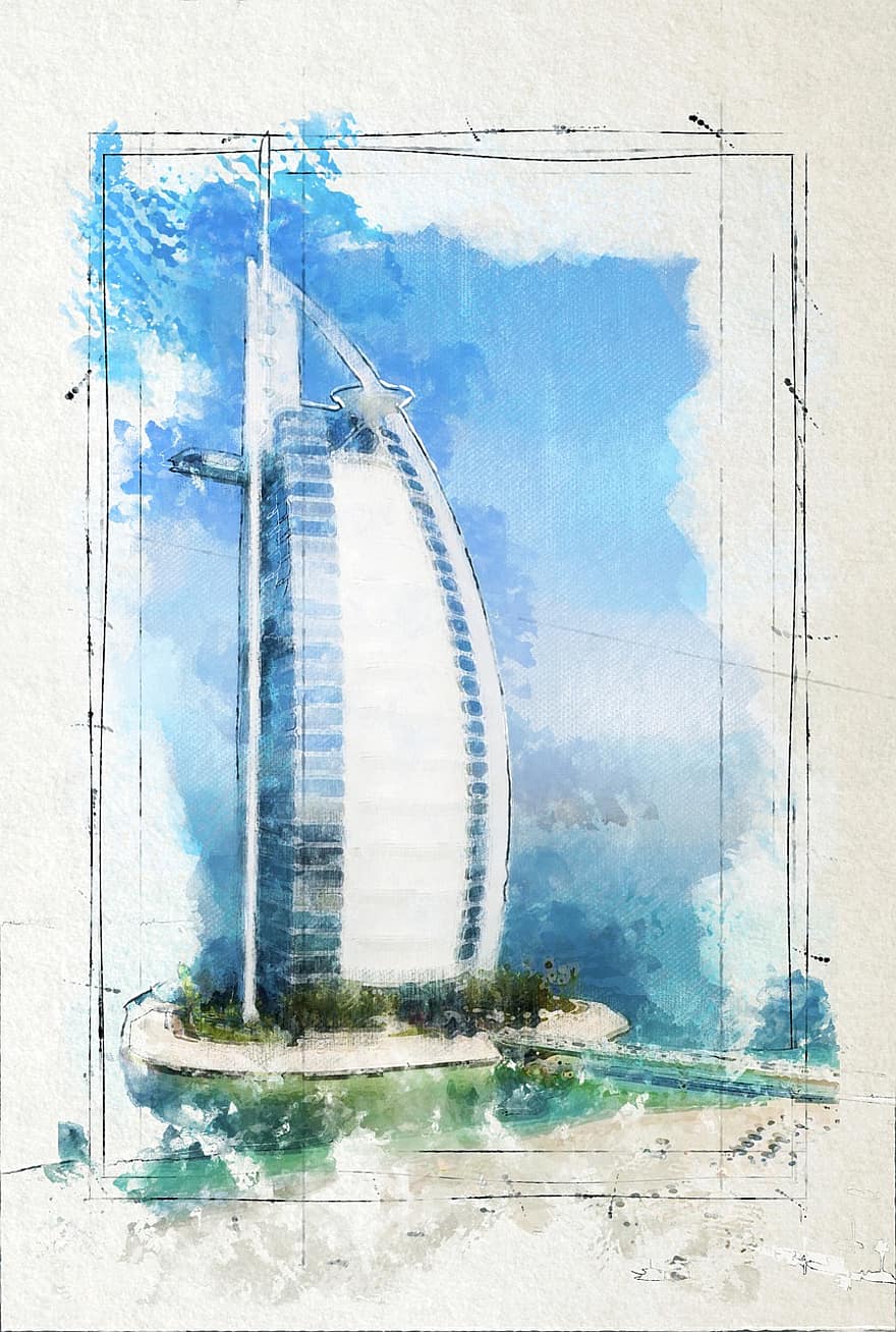 dubai, burj al arab, szálloda, strand, paradicsom, costa, idegenforgalom, üzleti, modern építészet, vászon, épület