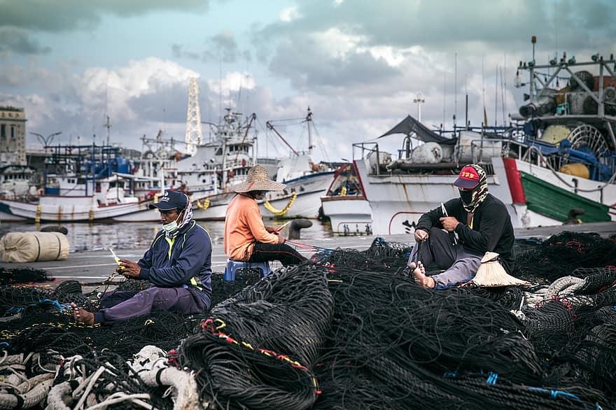 漁師、ボート、漁網、漁港、港、台湾、宜蘭、航海船、男達、釣り、ワーキング
