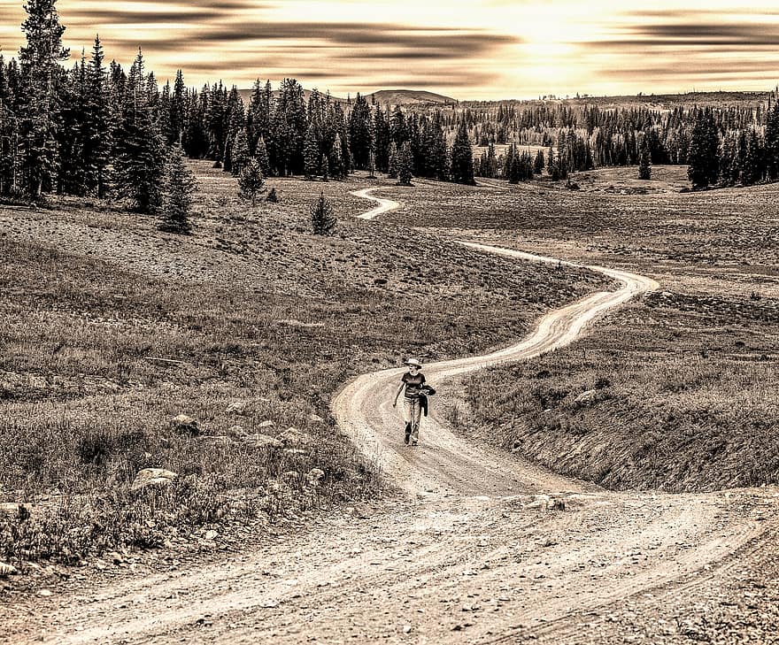 Дорога, женщина, деревья, пустыня, монохромный, грязная дорога, на открытом воздухе, гора, приключение, кататься на велосипеде, спорт