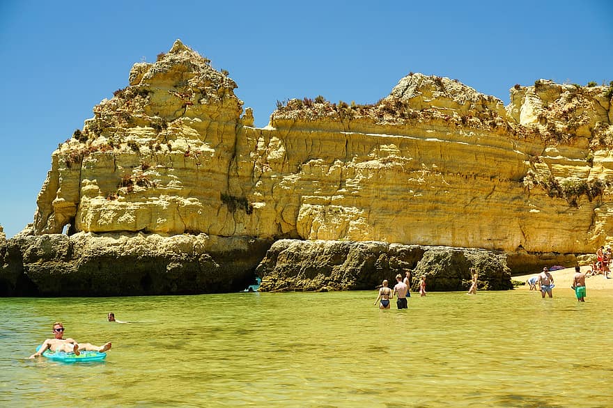 strand, nyári, Praia, Algarve, sziklák, víz, óceán, tenger, tengerpart, emberek, idegenforgalom