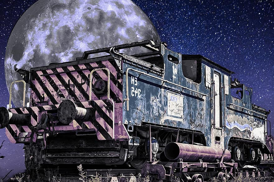 tren, ay, perspektif, gökyüzü, gece, yıldızlar, taşıma, raylar, demiryolu, fantezi, lokomotif