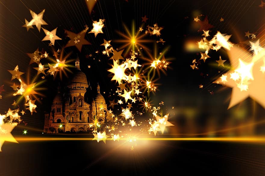 Boże Narodzenie, gwiazda, Sacre Coeur, Adwent, tło, złoty, jasny, dekoracja, świąteczne dekoracje, poinsecja, czas świąt