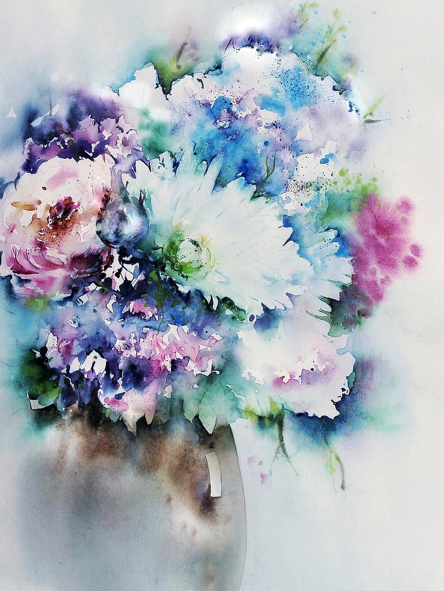 Watercolour, Painting, Art, Watercolor, Bouquet, Rose, Still Life, Flowers, Summer, Spring, Growth