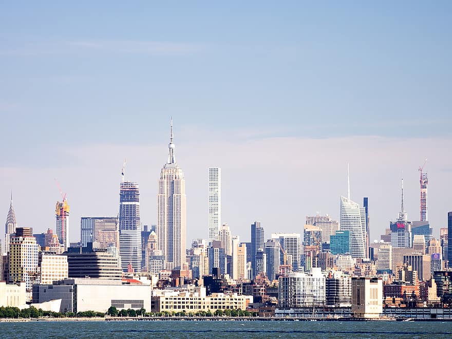 rzeka Hudson, Manhattan, Miasto, Nowy Jork, sylwetka na tle nieba, nyc, Stany Zjednoczone, USA, pejzaż miejski, wieżowiec, miejska linia horyzontu