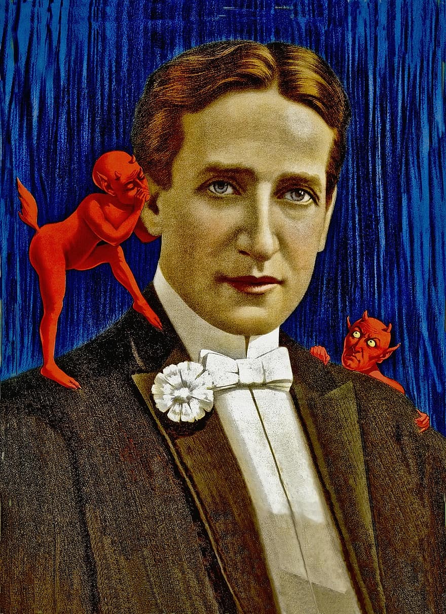 ondska, demoner, djävlar, människor, man, årgång, affisch, 1914, röd, satan, Helvete