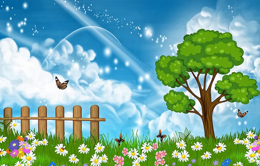 pole, květiny, Příroda, strom, motýlů, tráva, jaro, plot, louka, mraky, nebe
