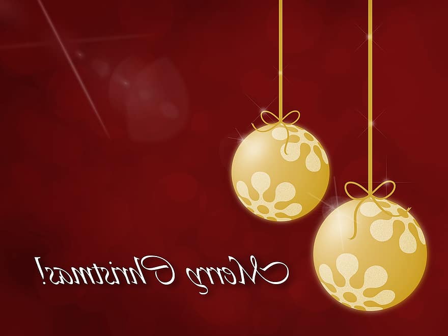 Коледа, коледна картичка, Весела Коледа, поздравление, орнаменти, празненство, червен фон, топка