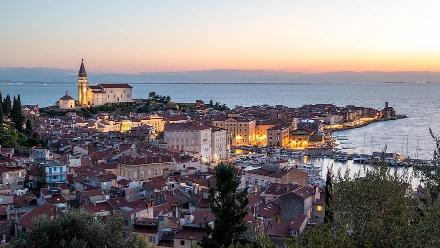 Evening, Piran, Sea, Slovenia, Island, Town, Night, dusk, cityscape, sunset, famous place