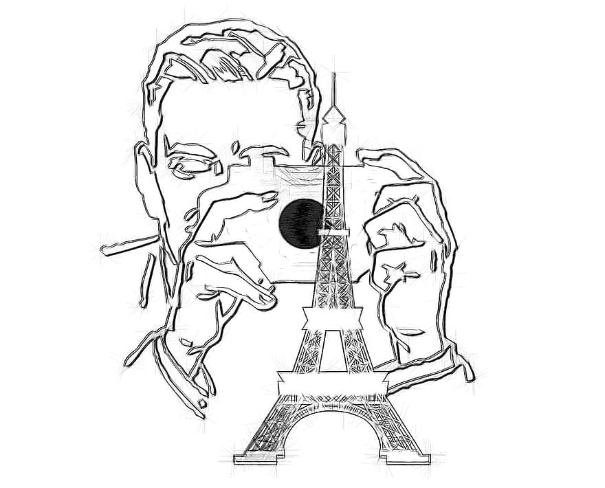 Ейфелева вежа, туристична, фотограф, малювання, олівець, контур, пам'ятки