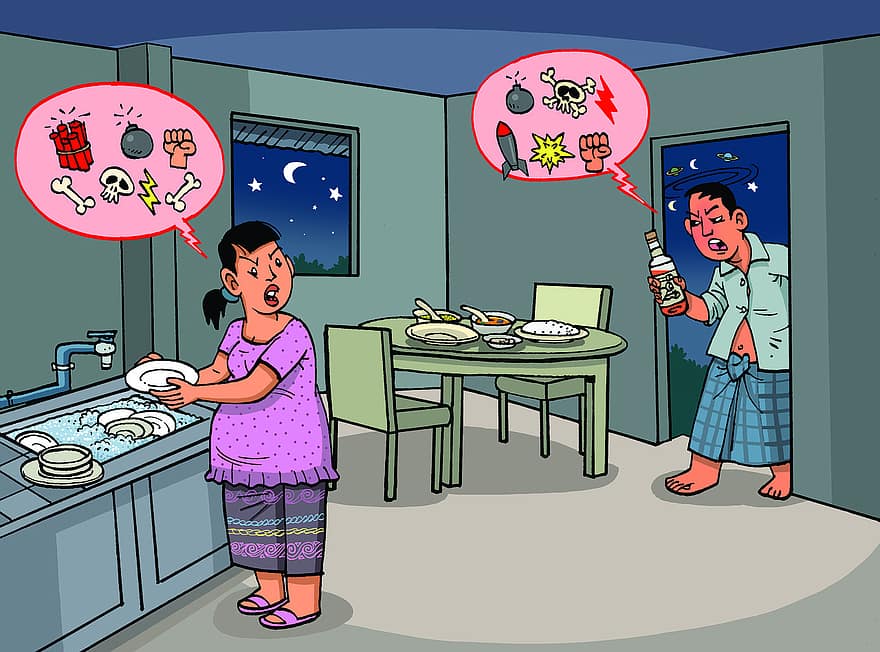 birmania, myanmar, marido, esposa, borracho, lavar, montones, platos, casa, necesariamente, quiere