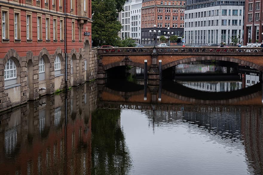 канал, мост, гамбург, Германия, город, здания, река, воды, отражение, дома