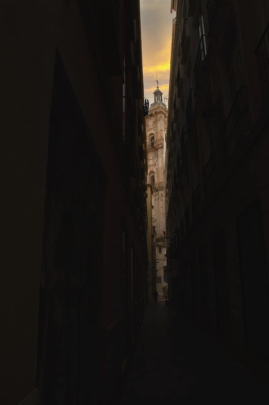 carreró, torre, Església, carrer, paisatge, urbà, ciutat, posta de sol, foscor, malaga, andalusia
