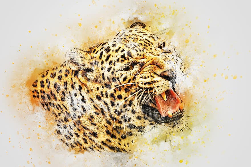léopard, rugir, animal, art, abstrait, aquarelle, ancien, la nature, T-shirt, artistique, conception