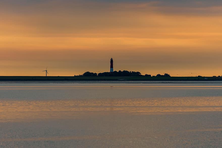 North Sea, Sea, Sunset, Ocean, Wadden Sea, Schleswig-holstein, Pellworm, Lighthouse, Dusk, Afterglow, Island