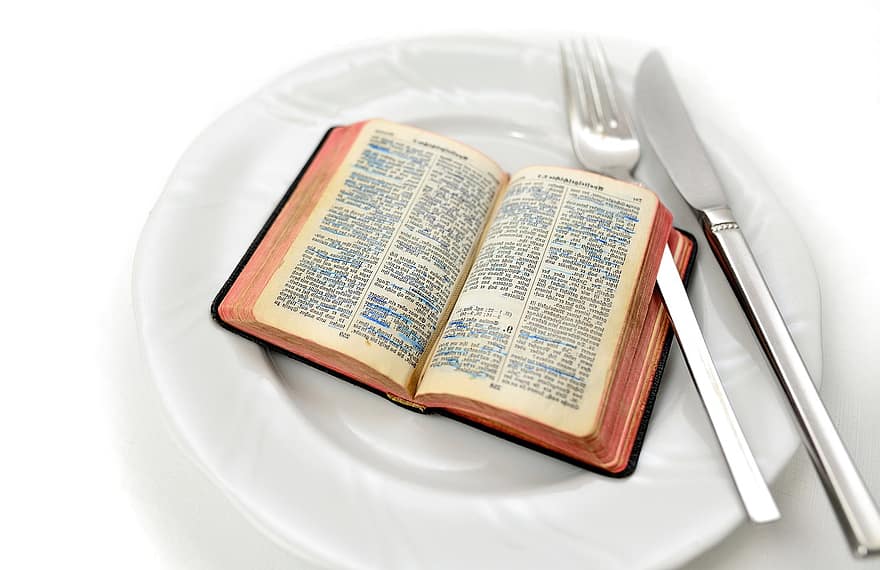 bibel, tallerken, bestikk, hellige skriftsted, nytt testament, bok, skrift, Religion, kristendom, lese, mat