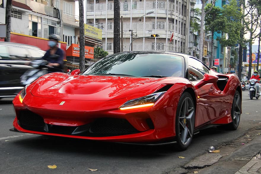 Ferrari, F8, Tributo, supercar, samochód, pojazd, automobilowy, transport, czerwony samochód, błyszczący samochód, luksusowy samochód