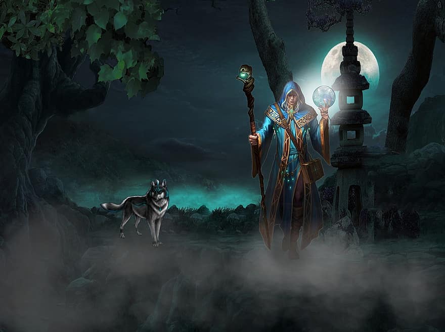 Background, Ruins, Moon, Wizard, Wolf, Fantasy, Character, Digital Art