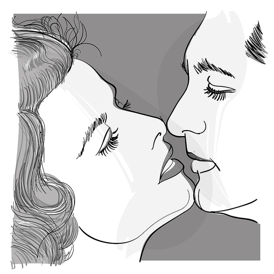 целувка, двойка, любителите, устни, обичам, чертеж, романтичен