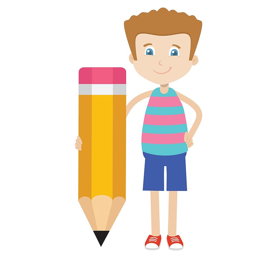 pensil, untuk menulis, anak laki-laki, sekolah, kartun, studi tentang, alat tulis, clip art, clipart, imut, anak-anak