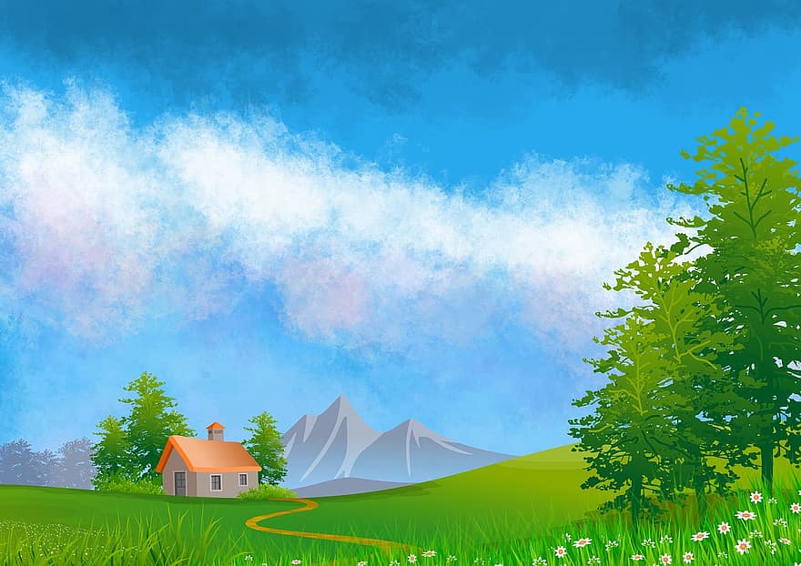 illustration, landskap, bakgrund, natur, tapet, himmel, moln, grön, blå, träd, stuga